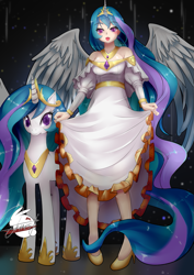 Size: 719x1017 | Tagged: safe, artist:johnsonist, princess celestia, alicorn, human, pony, alicorn humanization, bare shoulders, blushing, clothes, crown, curtsey, cute, cutelestia, dress, ear piercing, earring, female, horn, horned humanization, human ponidox, humanized, jewelry, looking at you, mare, no pupils, off shoulder, open mouth, piercing, regalia, self ponidox, winged humanization, wings