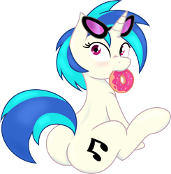 Size: 4500x4590 | Tagged: safe, artist:joey darkmeat, artist:spier17, dj pon-3, vinyl scratch, pony, unicorn, absurd resolution, blushing, cutie mark, donut, female, food, hooves, horn, mare, plot, simple background, sitting, solo, sunglasses, transparent background, vinyl ass