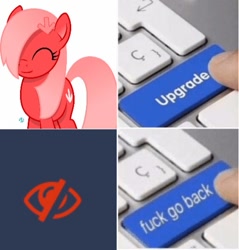 Size: 500x522 | Tagged: safe, edit, oc, oc only, oc:downvote, pony, derpibooru, derpibooru ponified, drama, duckery in the comments, female, hide, keyboard, meme, meta, politics in the comments, ponified, the day downvote died, the day downvote survived, upgrade, upgrade meme, vulgar