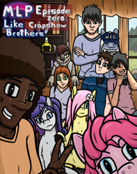 Size: 747x947 | Tagged: safe, artist:purpleakumu, fluttershy, pinkie pie, rarity, oc, diamond dog, human, clothes, comic, comic cover, fanfic, human in equestria, human male, inside, male