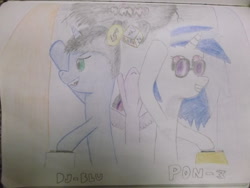 Size: 1024x768 | Tagged: safe, artist:raventheghost, dj pon-3, twilight sparkle, twilight sparkle (alicorn), vinyl scratch, oc, oc:raven blake, alicorn, pony, traditional art