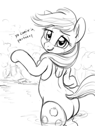 Size: 652x868 | Tagged: safe, artist:verulence, derpibooru exclusive, applejack, earth pony, pony, clothes, dialogue, monochrome, offscreen character, one-piece swimsuit, plot, solo, swimsuit