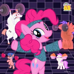 Size: 1080x1080 | Tagged: safe, bulk biceps, pinkie pie, spearhead, earth pony, pony, '83, 80s, official, olivia newton-john, physical, weight lifting