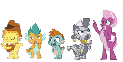 Size: 2967x1500 | Tagged: safe, artist:itsaaudraw, braeburn, cheerilee, snails, snips, zecora, dragon, dragonified, female, male, simple background, species swap, transparent background