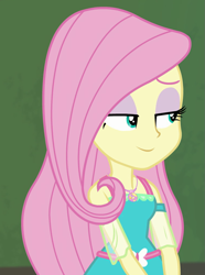 Size: 757x1017 | Tagged: safe, screencap, fluttershy, better together, equestria girls, forgotten friendship, cropped, geode of fauna, lidded eyes, magical geodes, sassy, smiling, smug