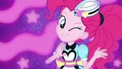 Size: 1920x1080 | Tagged: safe, screencap, pinkie pie, coinky-dink world, eqg summertime shorts, equestria girls, clothes, happy, one eye closed, server pinkie pie, smiling, song, waitress, wink