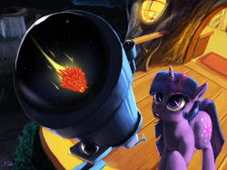 Size: 1280x960 | Tagged: safe, artist:tarantad0, derpibooru import, edit, twilight sparkle, unicorn twilight, pony, unicorn, chrono trigger, lavos, reflection, solo, stargazing, telescope, this will not end well