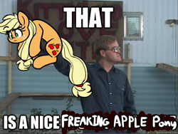 Size: 569x428 | Tagged: safe, artist:heir-of-rick, applejack, earth pony, human, pony, bubbles (trailer park boys), confused, female, hatless, image macro, irl, irl human, mare, meme, missing accessory, photo, trailer park boys