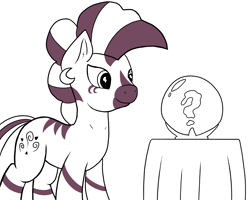 Size: 2000x1600 | Tagged: safe, artist:redquoz, pinkie pie, zebra, atg 2018, crystal ball, female, monochrome, newbie artist training grounds, simple background, sketch, smiling, solo, species swap, white background, zebrafied