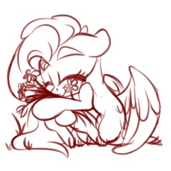 Size: 2000x2000 | Tagged: safe, artist:jen-neigh, fluttershy, pegasus, pony, eyebrows, female, flower, hug, lineart, solo