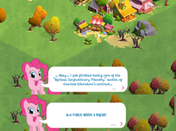 Size: 1024x760 | Tagged: safe, perfect pie, pinkie pie, earth pony, pony, the mane attraction, apple family member, caption, crying inside, dialogue, frustrated, gameloft, sad, tired