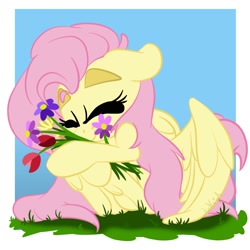 Size: 2000x2000 | Tagged: safe, artist:jen-neigh, fluttershy, pegasus, pony, cute, eyebrows, female, flower, hug, shyabetes, solo