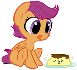 Size: 426x386 | Tagged: safe, artist:elslowmo, artist:php27, scootaloo, pegasus, pony, cute, cutealoo, female, filly, flan, food, plate, simple background, sitting, smiling, solo, tongue out, white background