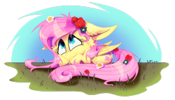 Size: 1600x915 | Tagged: safe, artist:maliforger894, fluttershy, pegasus, pony, cheek fluff, cute, female, floppy ears, flower, flower in hair, flower in tail, folded wings, grass, looking up, mare, outdoors, prone, shyabetes, simple background, smiling, solo, transparent background, wings