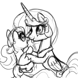 Size: 1500x1500 | Tagged: safe, artist:nimaru, princess celestia, oc, alicorn, pony, female, filly, holding a pony, monochrome, sketch, tongue out