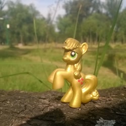 Size: 612x612 | Tagged: safe, artist:chicofondo, applejack, gold, hatless, irl, missing accessory, nature, photo, photography, rearing, solo, tree, wood