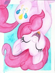 Size: 670x882 | Tagged: safe, artist:astevenamedwolf, pinkie pie, pony, eyes closed, female, in which pinkie pie forgets how to gravity, mare, movie accurate, open mouth, pinkie being pinkie, pinkie physics, smiling, solo, upside down