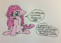 Size: 2528x1823 | Tagged: safe, artist:binkyt11, derpibooru exclusive, derpibooru import, pinkie pie, earth pony, pony, crying, derpibooru, female, loose hair, mare, meta, pen, solo, speech bubble, talking to viewer, teary eyes, traditional art