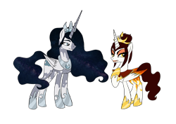 Size: 2039x1446 | Tagged: safe, artist:the-75th-hunger-game, princess celestia, princess luna, alicorn, pony, accessories, alternate universe, crown, cutie mark swap, eyeshadow, jewelry, lipstick, makeup, regalia, role reversal, simple background, swapped cutie marks, transparent background