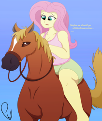 Size: 1588x1884 | Tagged: safe, artist:phyll, fluttershy, horse, equestria girls, barefoot, breasts, bridle, clothes, dialogue, feet, female, humans riding horses, reins, riding, signature, solo, stripe (coat marking), tack, text