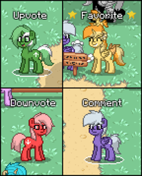 Size: 576x716 | Tagged: safe, derpibooru exclusive, oc, oc only, oc:comment, oc:downvote, oc:favourite, oc:upvote, alicorn, earth pony, pegasus, pony, unicorn, derpibooru, derpibooru ponified, female, mare, meta, open mouth, pixel art, ponified, pony town, screenshots, smiling, wings