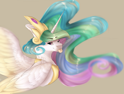 Size: 1024x774 | Tagged: safe, artist:shalnor, princess celestia, alicorn, pony, :p, bust, crown, cute, cutelestia, female, gray background, jewelry, mare, one eye closed, portrait, regalia, simple background, solo, tongue out, two toned wings, wings, wink