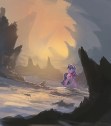 Size: 1200x1365 | Tagged: dead source, safe, artist:shamanguli, derpibooru import, twilight sparkle, atg 2016, clothes, desert, newbie artist training grounds, scarf, scenery, solo, wasteland