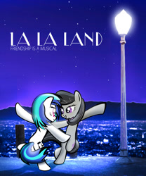 Size: 1041x1252 | Tagged: safe, artist:dan232323, dj pon-3, octavia melody, vinyl scratch, earth pony, pony, unicorn, dancing, female, la la land, lamppost, lesbian, looking at each other, mare, night, poster, scratchtavia, shipping, smiling, stars