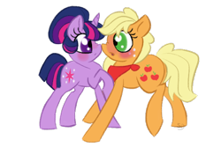 Size: 600x400 | Tagged: safe, artist:sallindaemon, derpibooru import, applejack, twilight sparkle, earth pony, pony, alternate hairstyle, female, lesbian, mare, shipping, twijack