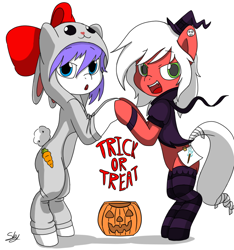 Size: 750x800 | Tagged: safe, artist:redprep, oc, oc only, oc:redprep, bipedal, bow, clothes, costume, cuffs (clothes), hair bow, halloween, pumpkin bucket, simple background, socks, striped socks, white background