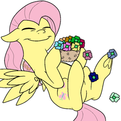 Size: 800x800 | Tagged: safe, artist:bennimarru, fluttershy, pegasus, pony, basket, eyes closed, flat colors, flower, flying, frog (hoof), simple background, smiling, solo, transparent background, underhoof