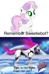 Size: 640x960 | Tagged: safe, sweetie belle, sweetie bot, pony, robot, robot pony, unicorn, blank flank, feel old yet?, female, filly, foal, hooves, horn, meme, robot unicorn attack, simple background, smiling, solo, teeth, text, white background