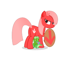 Size: 3541x2751 | Tagged: safe, gummy, oc, oc:downvote, oc:upvote, pony, defending, derpibooru, derpibooru ponified, downvote, female, filly, meta, ponies riding gators, ponified, protecting, riding, shield