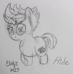 Size: 1830x1864 | Tagged: safe, artist:binkyt11, derpibooru exclusive, oc, oc only, oc:hide, pony, chibi, derpibooru, derpibooru ponified, ear fluff, edgy, eyepatch, meta, monochrome, ponified, scar, solo, traditional art