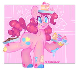 Size: 3253x2997 | Tagged: safe, artist:bunxl, pinkie pie, earth pony, pony, cookie, cupcake, female, food, heart eyes, mare, smiling, solo, starry eyes, wingding eyes