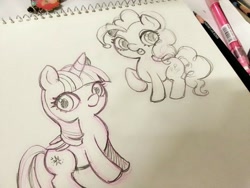 Size: 960x720 | Tagged: safe, artist:陳芫茹‎, derpibooru import, pinkie pie, twilight sparkle, twilight sparkle (alicorn), alicorn, earth pony, pony, pencil drawing, traditional art