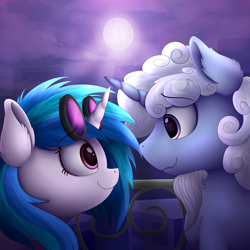 Size: 4200x4200 | Tagged: safe, artist:vanillaghosties, dj pon-3, star swirl the bearded, vinyl scratch, pony, unicorn, absurd resolution, duo, ear fluff, female, full moon, goatee, looking at each other, male, mare, moon, shipping, sky, smiling, stallion, straight, sunglasses, vinylswirl