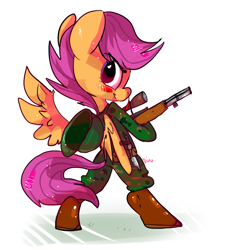 Size: 900x1000 | Tagged: safe, artist:clockworkquartet, scootaloo, semi-anthro, bipedal, clothes, female, gun, looking back, military, rifle, smiling, solo, uniform, weapon