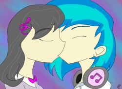 Size: 1500x1100 | Tagged: safe, artist:rikusaypoof, dj pon-3, octavia melody, vinyl scratch, human, clothes, eyes closed, female, headphones, hoodie, humanized, kissing, lesbian, scratchtavia, shipping