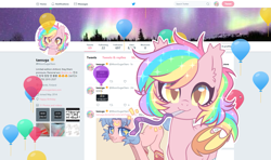 Size: 1605x950 | Tagged: safe, artist:hawthornss, party favor, oc, oc:paper stars, bat pony, pony, :3, balloon, birthday, clothes, cute, ear fluff, female, lidded eyes, looking at you, mare, meta, mouth hold, party horn, sailor moon, smiling, socks, solo, sparkles, starry eyes, twitter, wingding eyes