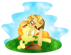 Size: 1292x1000 | Tagged: safe, artist:daydreamerpony, braeburn, carrot top, golden harvest, earth pony, pony, blushing, carrotburn, female, kissing, male, mare, prone, shipping, stallion, straight