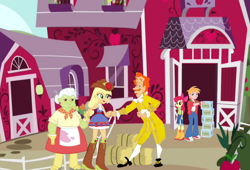 Size: 1028x700 | Tagged: safe, artist:jeffersonfan99, edit, apple bloom, applejack, big macintosh, granny smith, equestria girls, bad edit, baroque, beauty and the beast, boots, buckled shoes, clothes, cowboy boots, cowboy hat, crossover, ewan mcgregor, fall formal, fall formal outfits, hat, lumiere, prom, shoes, style clash