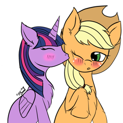 Size: 1000x1000 | Tagged: safe, artist:cruelunicorn, derpibooru import, applejack, twilight sparkle, twilight sparkle (alicorn), alicorn, earth pony, pony, blushing, female, kiss on the cheek, kissing, lesbian, mare, shipping, twijack