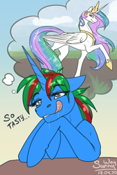 Size: 808x1200 | Tagged: safe, artist:sunny way, princess celestia, oc, oc:wander bliss, alicorn, pony, unicorn, dream, feather, female, food, horn, lesbian, licking, mare, marshmallow, patreon, patreon reward, smiling, thinking, tongue out, wet, wings