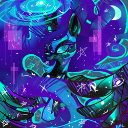 Size: 600x600 | Tagged: safe, artist:clockworkquartet, nightmare moon, alicorn, pony, abstract background, female, magic, mare, solo