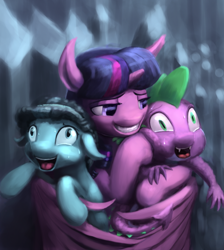 Size: 762x852 | Tagged: safe, artist:bakuel, derpibooru import, spike, thorax, twilight sparkle, twilight sparkle (alicorn), alicorn, changeling, dragon, pony, the times they are a changeling, crystal hoof, disguise, disguised changeling, hug, laughing, not creepy, open mouth, sweat, winghug