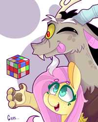 Size: 1024x1271 | Tagged: safe, artist:gissel00001, discord, fluttershy, draconequus, pegasus, pony, abstract background, beanbrows, bust, duo, eyebrows, female, looking at something, mare, one eye closed, rubik's cube, smiling, tongue out, wink