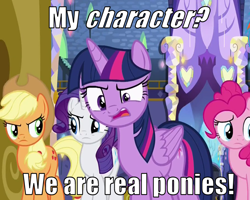 Size: 900x720 | Tagged: safe, derpibooru import, edit, edited screencap, screencap, applejack, pinkie pie, rarity, twilight sparkle, twilight sparkle (alicorn), alicorn, earth pony, pony, unicorn, fame and misfortune, crystal castle, female, image macro, meme, meta, quote, real