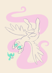 Size: 691x953 | Tagged: safe, artist:donkeyinthemiddle, fluttershy, bird, pegasus, pony, female, flying, limited palette, mare, no pupils, on back, simple background, smiling, solo, spread wings, wings