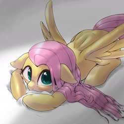 Size: 1536x1536 | Tagged: safe, artist:kurogewapony, fluttershy, pegasus, pony, bed, blushing, cute, daaaaaaaaaaaw, dark, female, floppy ears, hnnng, looking at you, looking sideways, looking up, mare, on bed, prone, shy, shyabetes, solo, spread wings, three quarter view, weapons-grade cute, wings